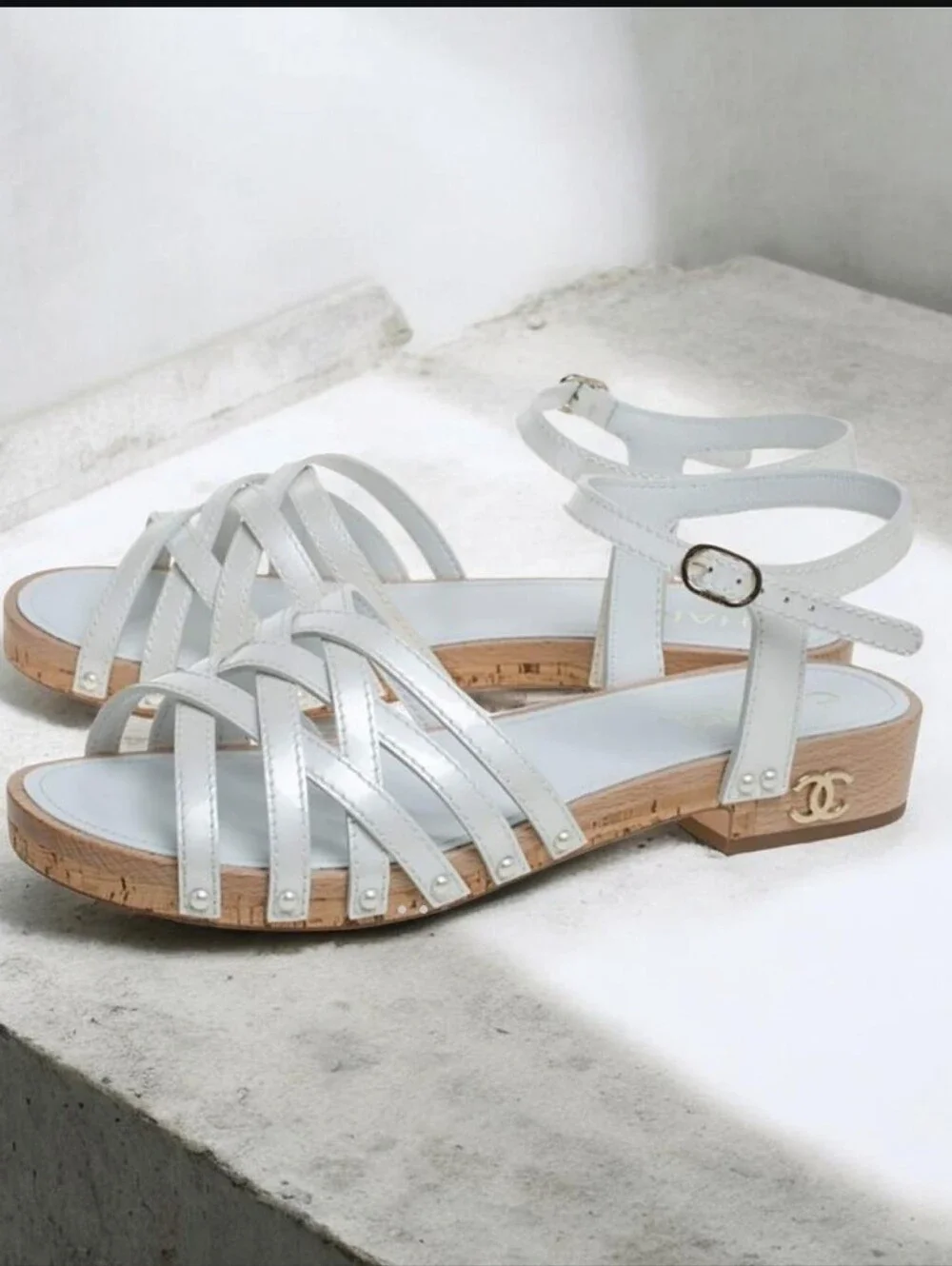 CHANELChanel White Patent Leather Ankle Cork Sandals with Ankle Buckle Size 41